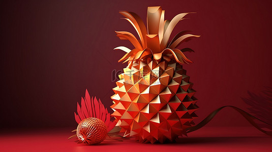 3D 渲染的金色菠萝纸艺术风格庆祝中国新年的繁荣和财富