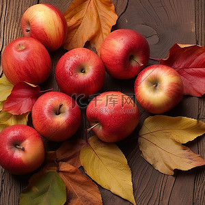 医美回馈感恩展架背景图片_木桌上的红苹果与秋叶