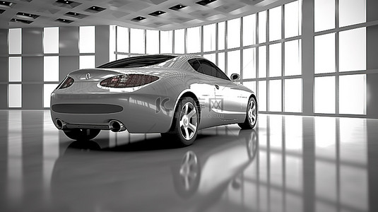定制设计的银色汽车在工作室设置 3D 渲染