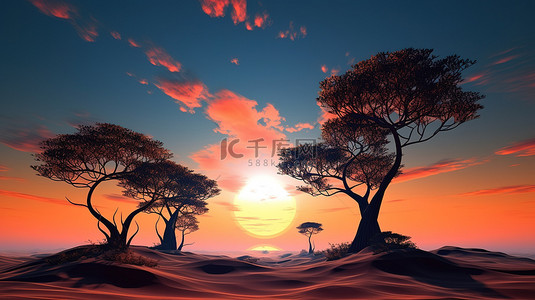 迷人的夕阳天空下一棵树的壮观 3D 景观