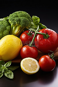 柑橘罗勒背景图片_柠檬西红柿西兰花罗勒和其他成分的图像