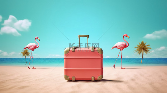暑假环境的 3D 渲染，配有太阳镜手提箱和火烈鸟