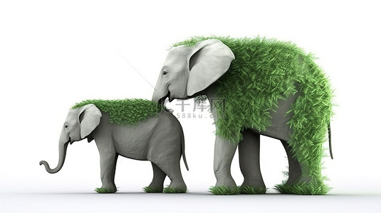 丛林动物背景图片_孤立的白色背景，具有两只大象的 3d 渲染，框架中有一棵小绿色植物