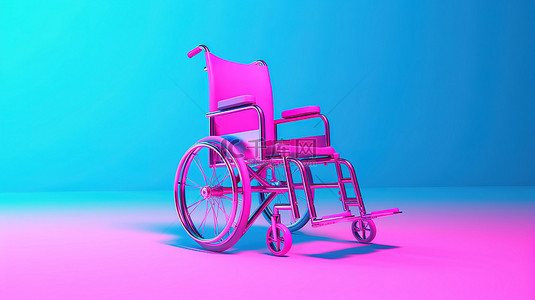 粉红色双色调背景上蓝色轮椅的 3D 渲染