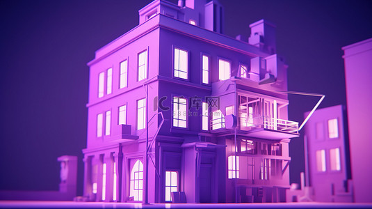 卡通房子内部背景图片_第二版低聚紫色3D卡通建筑