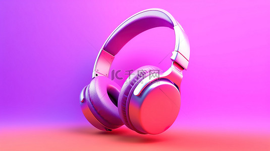 粉红色背景上充满活力的渐变耳机的 3D 渲染非常适合现代青少年寻找乐趣