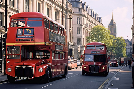 一辆黑色单层出租车和一辆红色双层巴士沿着城市行驶