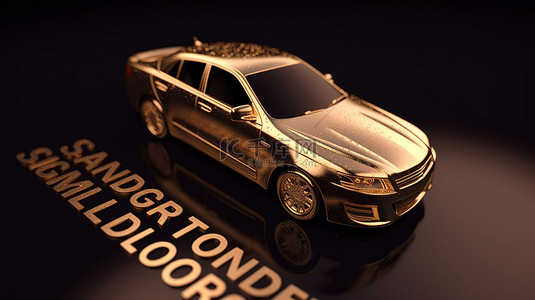 汽车道路背景图片_金色汽车和驾驶学校在 3D 插图中签名，这是一个创新的驾驶学校概念