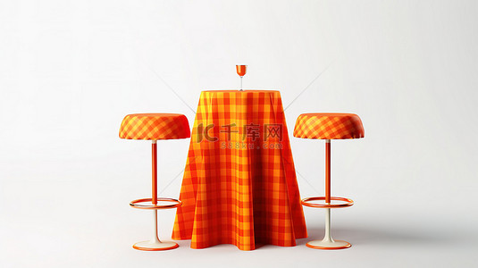 红色的桌子背景图片_白色背景的 3D 渲染，配有现代红色和橙色酒吧凳和铺有桌布的桌子