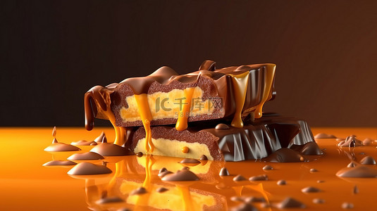 美味的巧克力棒渗出粘糊糊的焦糖 3D 渲染