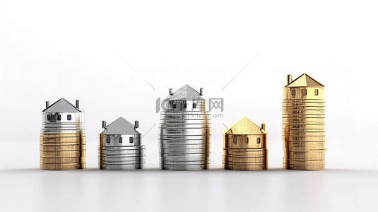 金银箔粉背景图片_白色背景下堆放在硬币上的金银房屋的 3D 插图