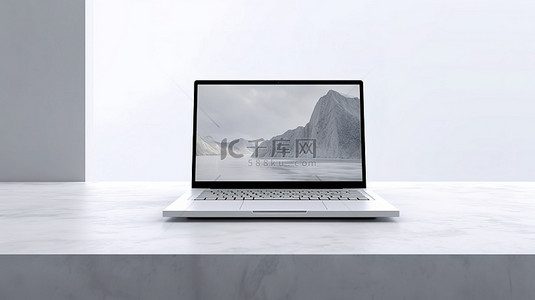 笔记本电脑场景背景图片_放置在白色混凝土架子背景上的笔记本电脑的 3D 插图