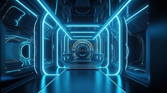 3D 渲染中的未来派蓝色霓虹灯房间内部非常适合您的设计项目