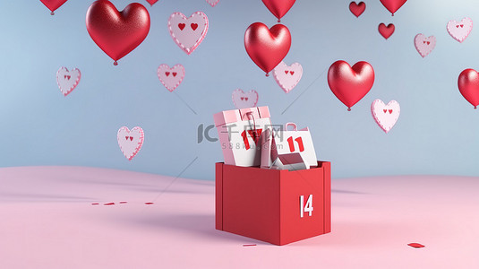 情人节 3D 渲染背景，带有飞心礼盒和日历