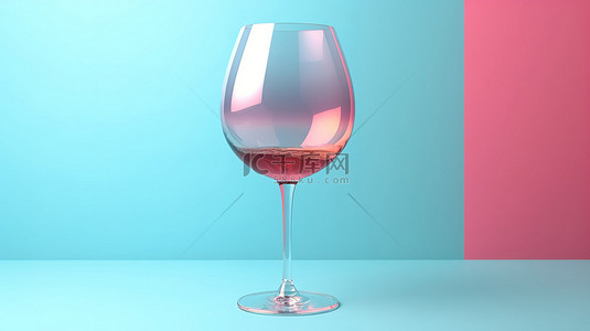 凉爽的蓝色背景上光滑的粉色酒杯，3D 渲染的双色调设计
