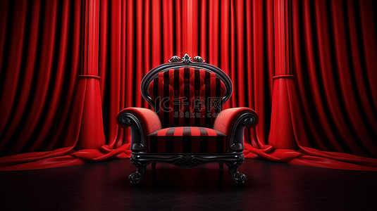 3D 渲染中，富丽堂皇的红色椅子与大胆的红色和黑色窗帘形成鲜明对比