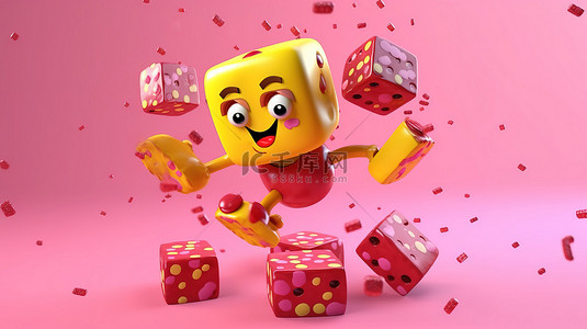 黄色背景 3D 渲染上带有红色游戏骰子立方体的草莓粉色釉面甜甜圈吉祥物的飞行