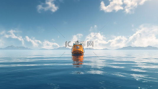 海洋中的下午 3d 渲染一艘漂浮在海浪上的救生艇