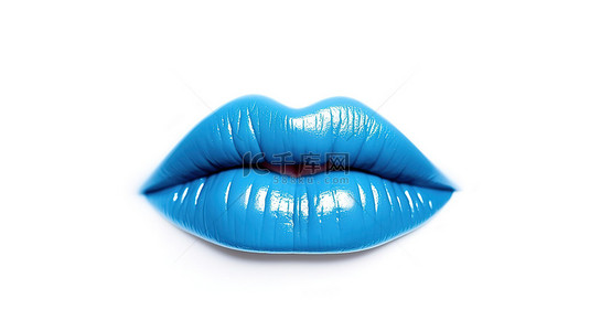白色背景下女性嘴唇上带有蓝色口红的亲吻手势的 3D 渲染