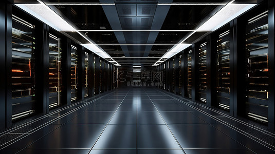 网管背景图片_中心房间的 3D 渲染，配有深色服务器计算机和存储系统