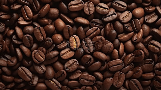 3D 渲染框架背景中大量新鲜烘焙咖啡豆的顶视图