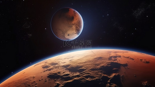 轨道行星背景图片_火星行星的真实 3D 渲染，具有夜间视图和日出