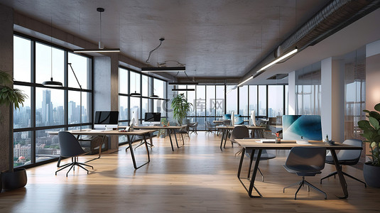现代办公空间，具有城市景观开放式天花板和别致的家具 3D 渲染