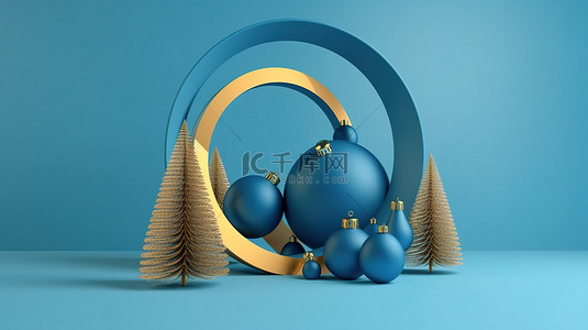 圣诞环背景图片_带有金色拱形环和飞行球体的蓝色讲台，上面装饰着节日圣诞树锥体，以 3d 呈现，用于蓝色背景上的假日项目