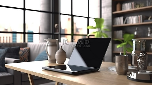 特写桌面背景图片_时尚阁楼办公室数字平板电脑，特写 3D 渲染中带有空白屏幕