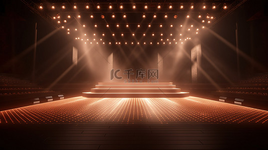 舞台由聚光灯照亮空舞台与照明设备 3D 渲染