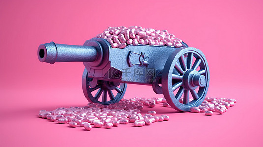 粉红色背景增强了 3D 渲染中古老的蓝色海盗大炮和炮弹的双色调外观