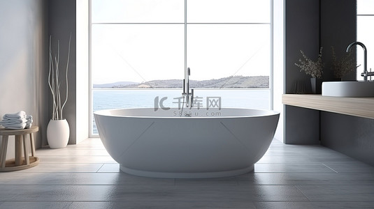 现代浴室配有 3D 渲染的站立式白色浴缸