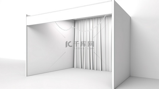 封闭的贸易展览摊位，带有白色门和屏障绳，位于 3D 渲染的白色空间中