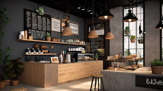前台样机背景图片_带有样机横幅和菜单的建筑设计咖啡店的 3D 插图