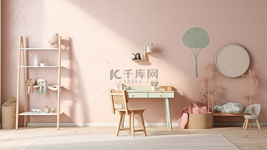 椅子海报背景图片_现代儿童房配有椅子和书桌靠墙的梯子海报展示和 3D 渲染