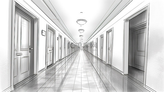 宽敞走廊中门的轮廓可视化的 3D 草图轮廓
