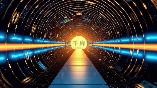 辉光背景图片_空间隧道的 3D 渲染，用蓝色和黄色的辉光和表面的反射照亮