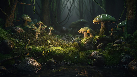 卡通大蘑菇背景图片_森林树林植物绿色蘑菇