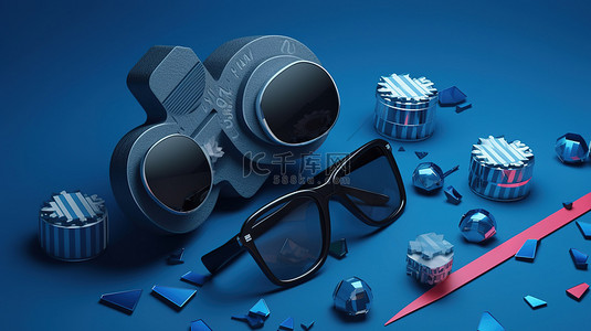 蓝色主题娱乐产业套装电影快板胶片卷轴和3D眼镜