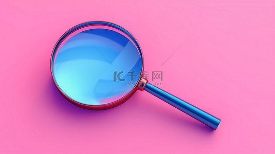 蓝色搜索背景图片_双色调蓝色和粉色放大镜，匹配彩色背景 3D 插图