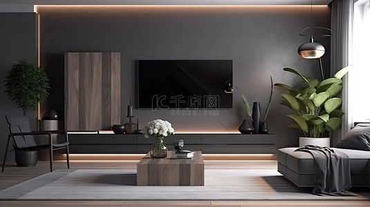 智能电视柜灯和植物以 3D 渲染装饰现代客厅