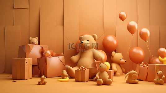 节日 3D 渲染背景，以抽象设计的礼品泰迪熊和袋子为特色