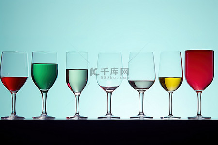 不同类型的玻璃杯显示不同颜色和类型的饮料