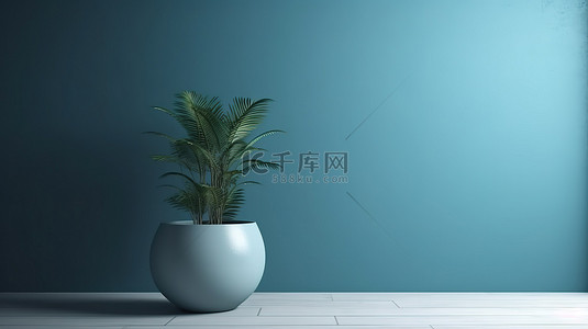 现代花瓶背景图片_3D 渲染一个空房间，墙壁是蓝色的，花瓶里有充满活力的绿色植物
