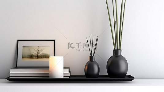 优雅的黑色香薰蜡烛和香薰芦苇扩散器展示在白色墙壁的木架上，通过芳香疗法增强您的家