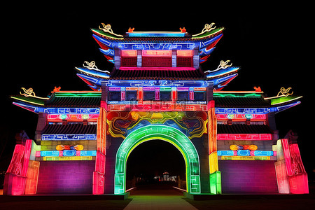 多色照明的中国墙