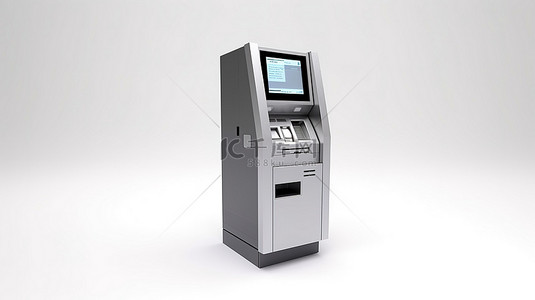 钞票机背景图片_通过存款赚钱 3D 渲染货币机在白色背景上分发钞票