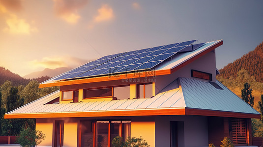 太阳能供电的家庭 3D 插图，屋顶上有太阳能电池板