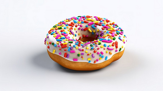 3D 渲染的甜甜圈，上面有白色背景上充满活力的洒水