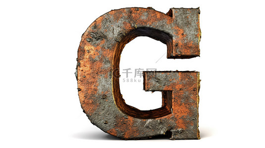 质朴的青铜 3D 渲染字母 g 小写在白色背景上，带有氧化划痕纹理